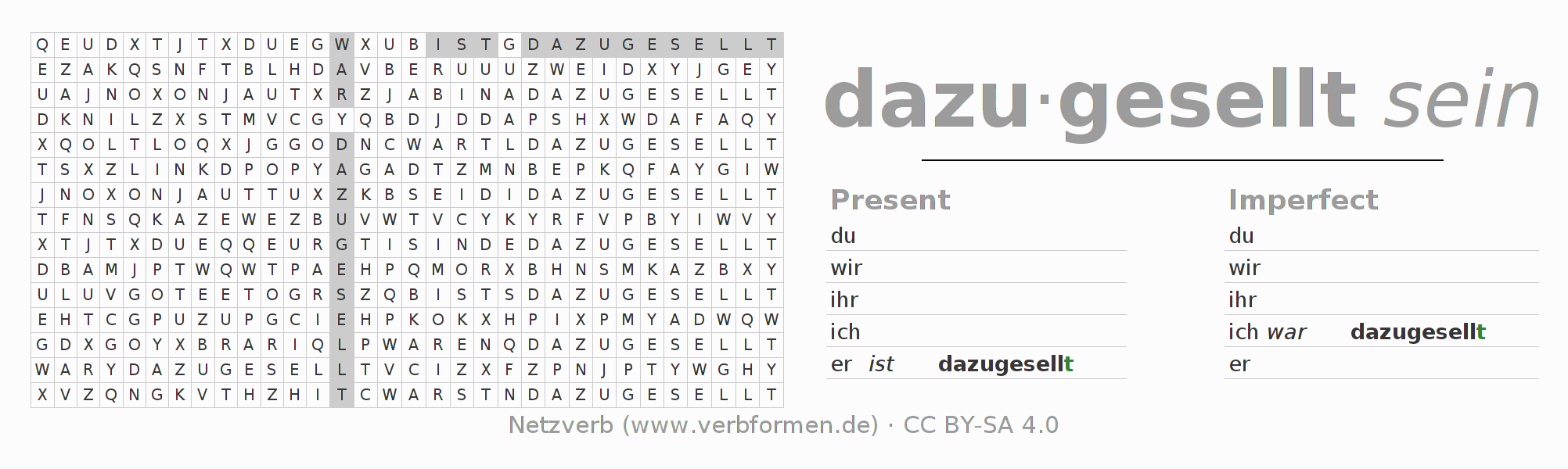 Word search puzzle for conjugation of German verb dazugesellen
