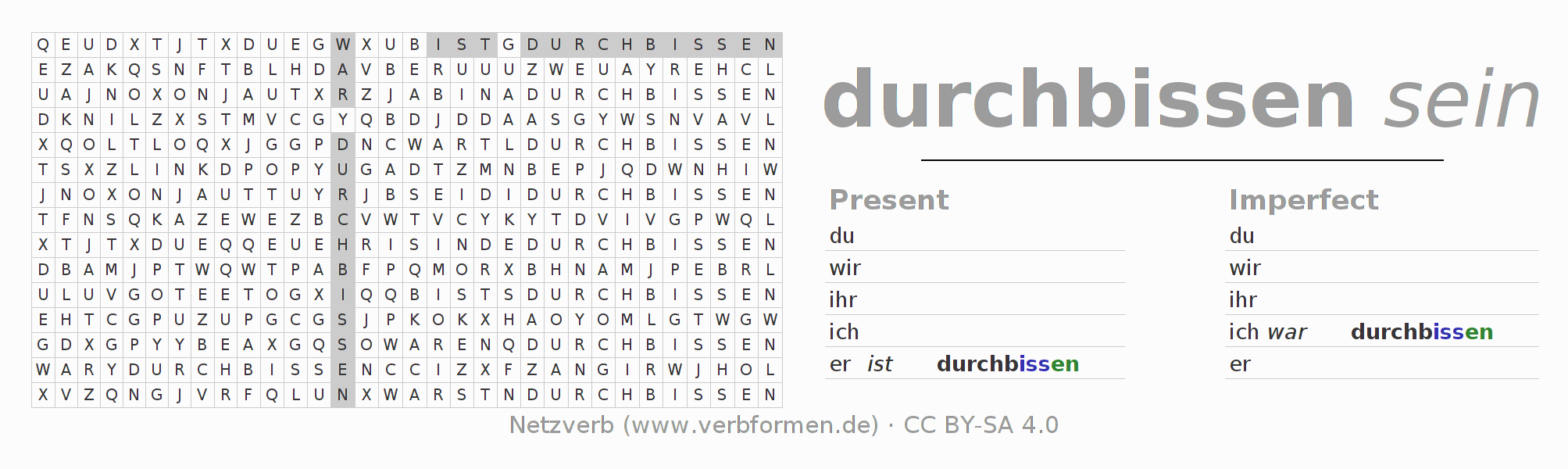 Word search puzzle for conjugation of German verb durchbeißen