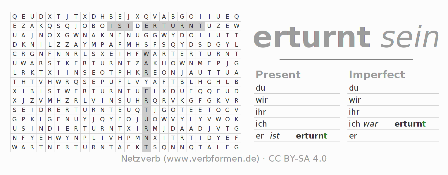 Word search puzzle for conjugation of German verb erturnen