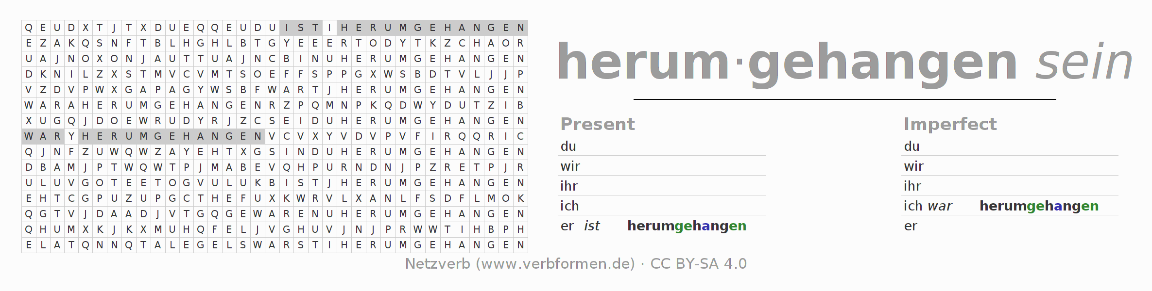 Word search puzzle for conjugation of German verb herumhängen