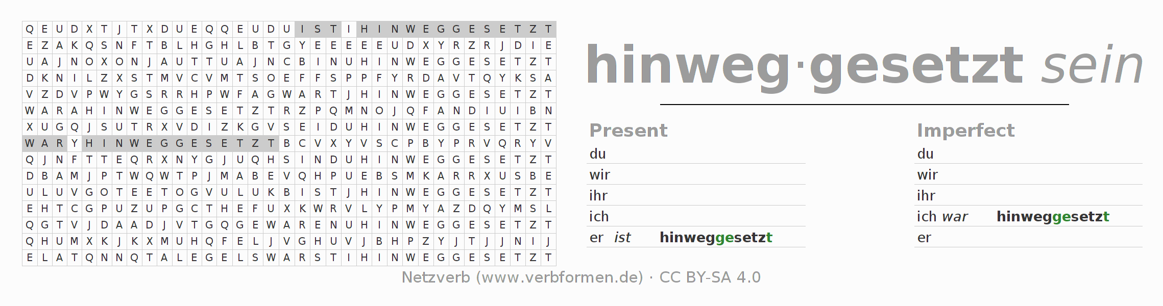 Word search puzzle for conjugation of German verb hinwegsetzen (ist)