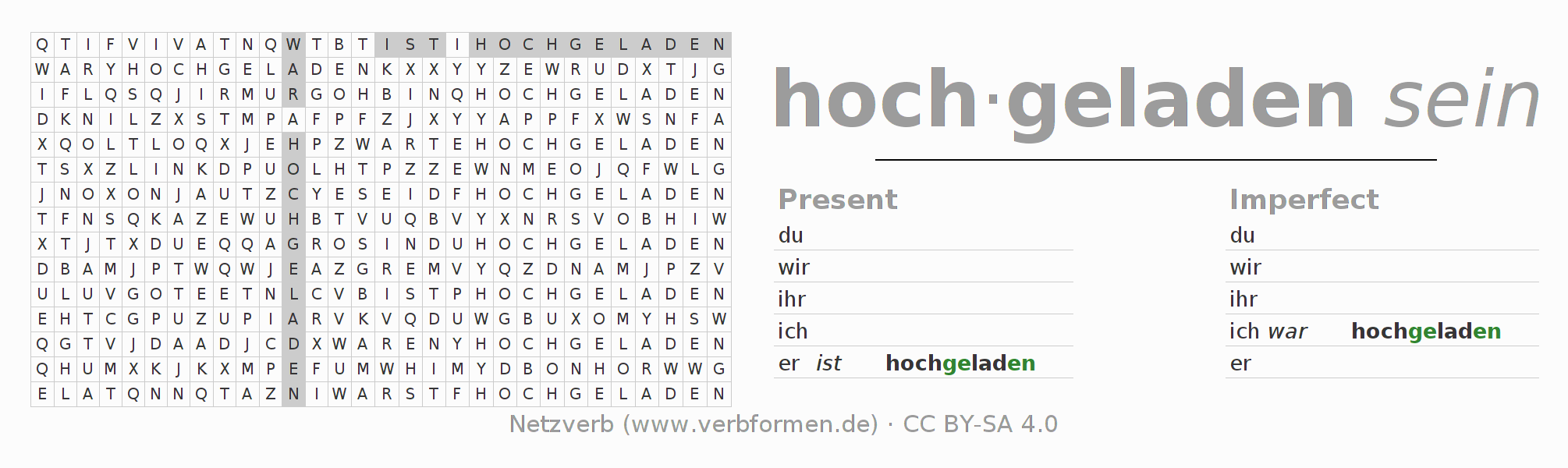 Word search puzzle for conjugation of German verb hochladen