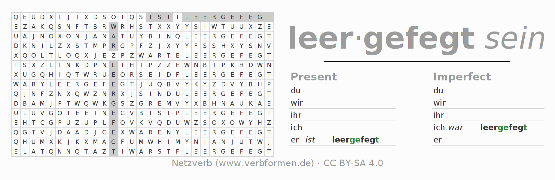 Word search puzzle for conjugation of German verb leerfegen
