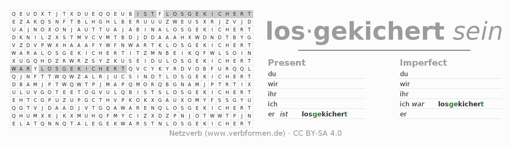Word search puzzle for conjugation of German verb loskichern