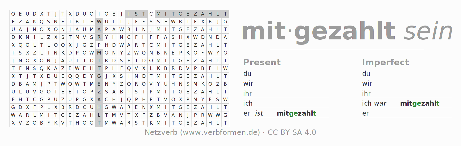 Word search puzzle for conjugation of German verb mitzahlen