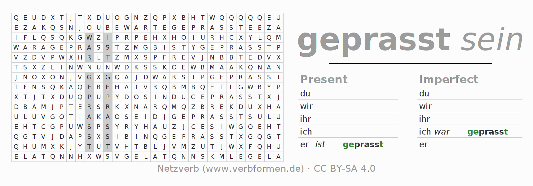 Word search puzzle for conjugation of German verb prassen