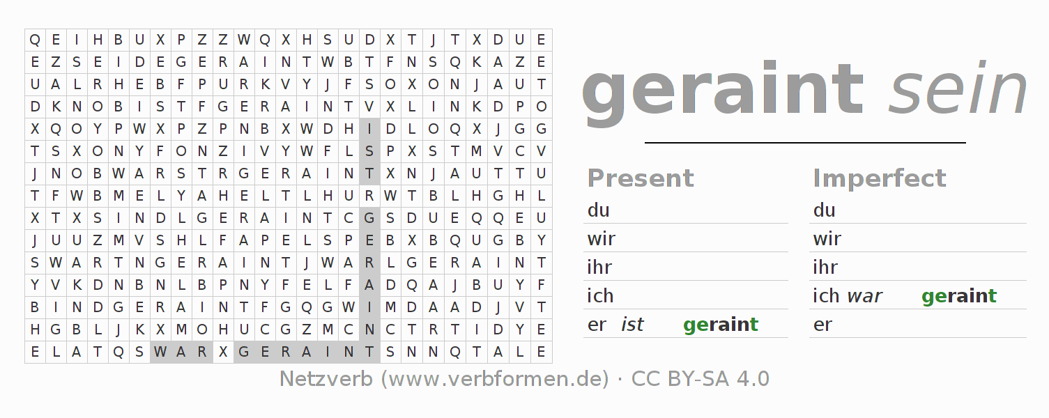 Word search puzzle for conjugation of German verb rainen