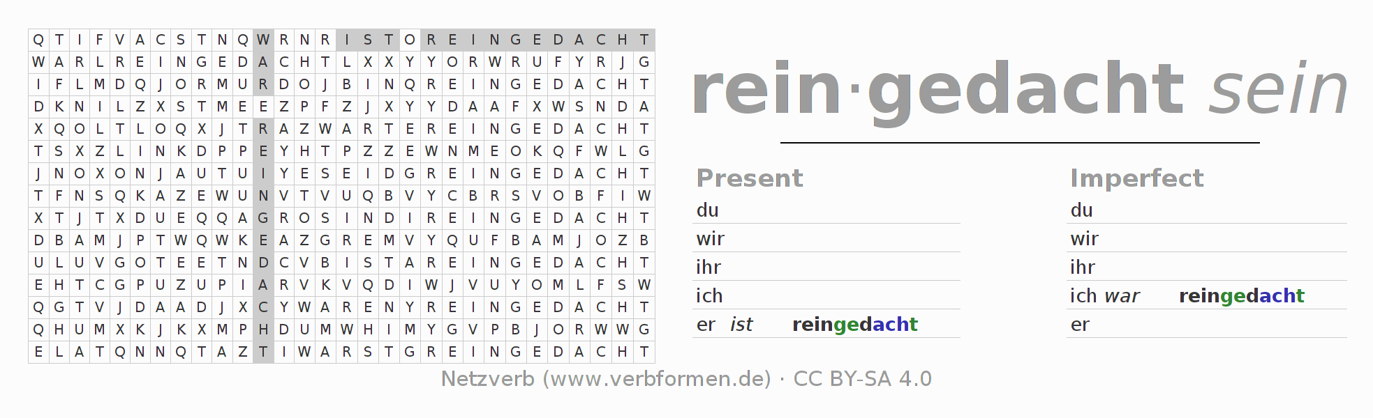 Word search puzzle for conjugation of German verb reindenken