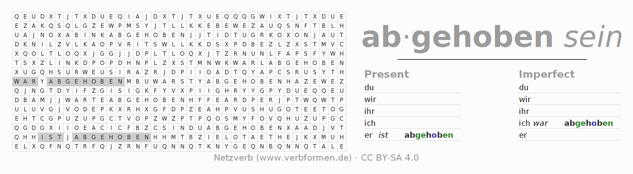 Word search puzzle for conjugation of German verb sich abheben