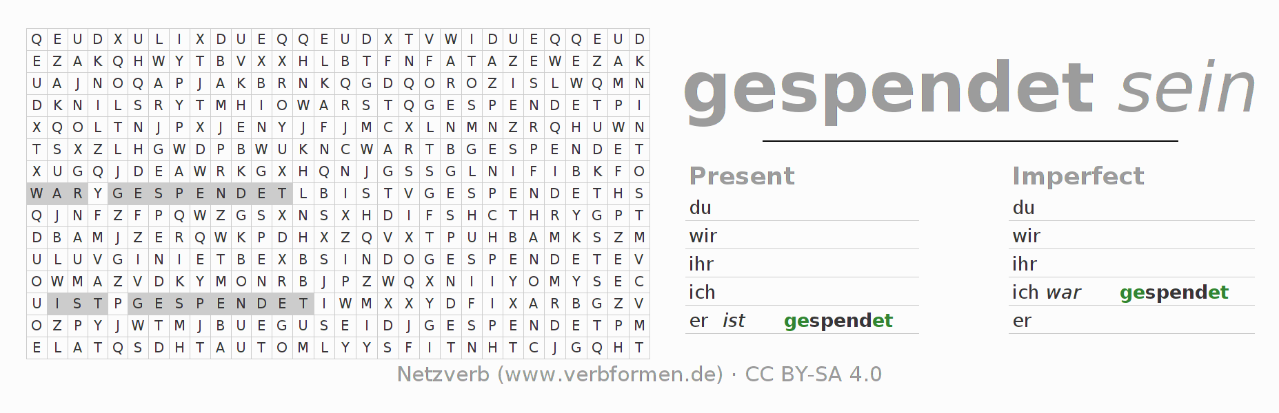 Word search puzzle for conjugation of German verb spenden