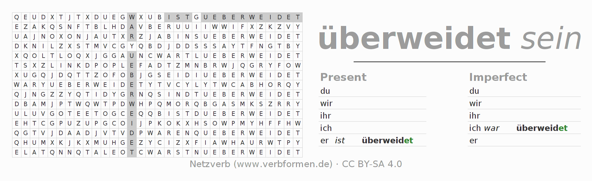Word search puzzle for conjugation of German verb überweiden