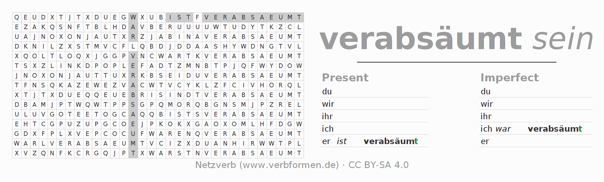 Word search puzzle for conjugation of German verb verabsäumen