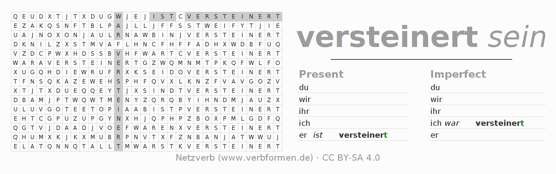 Word search puzzle for conjugation of German verb versteinern (hat)