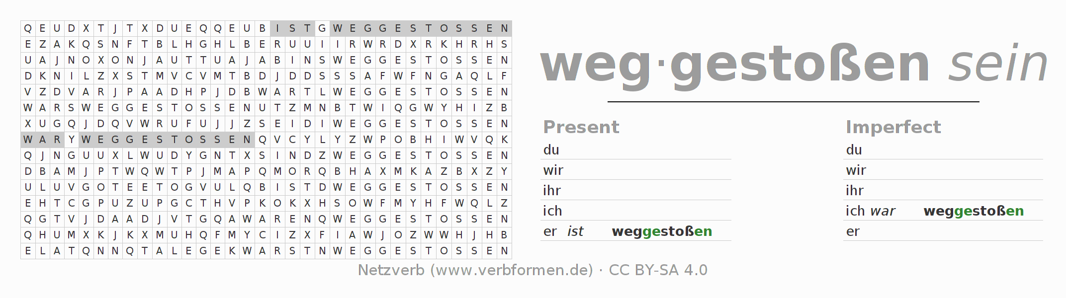 Word search puzzle for conjugation of German verb wegstoßen