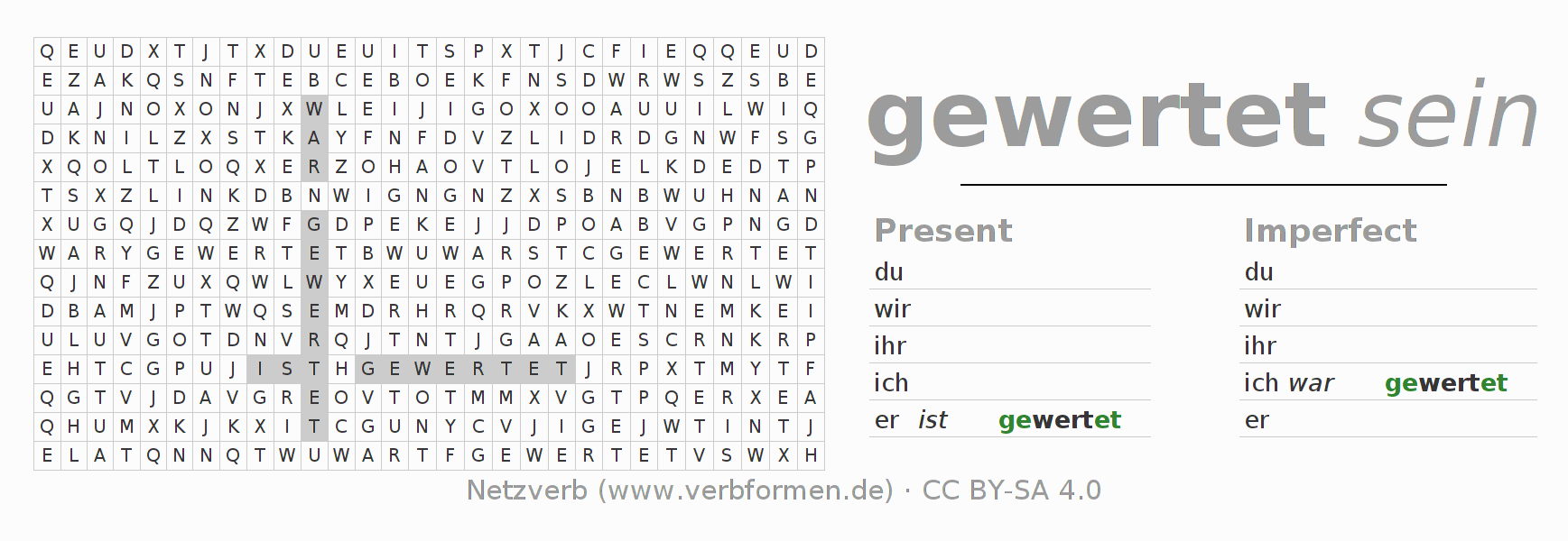 Word search puzzle for conjugation of German verb werten
