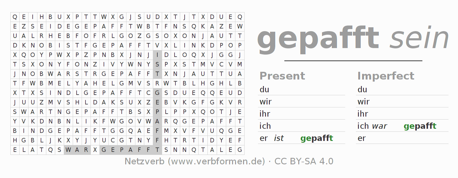 Word search puzzle for conjugation of German verb paffen