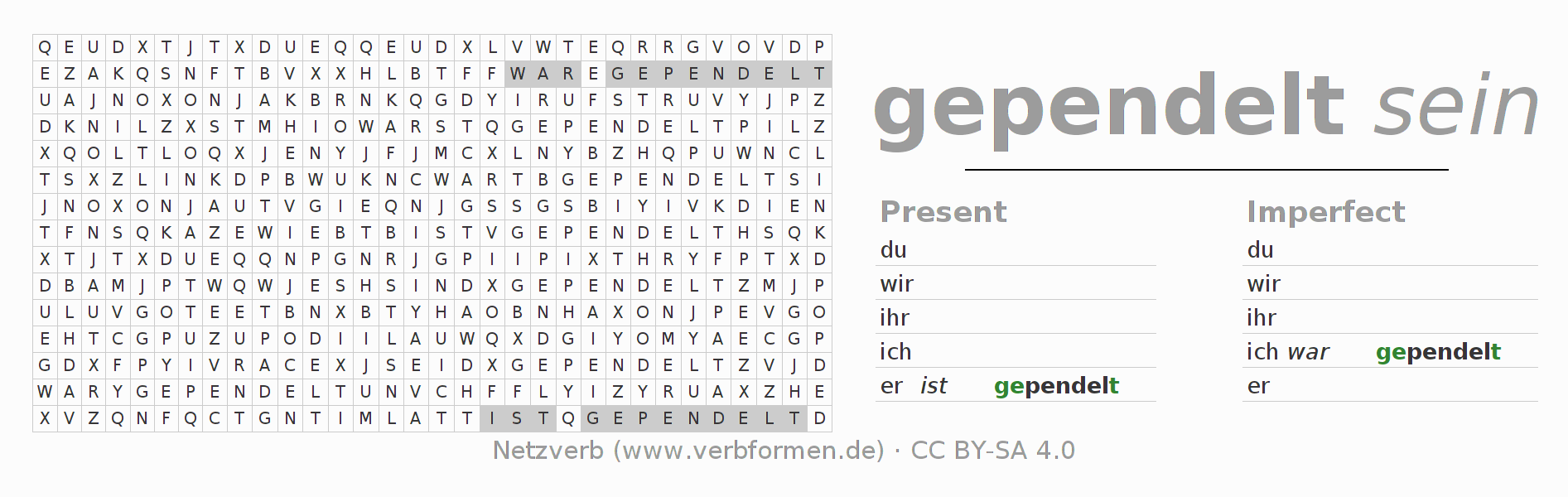 Word search puzzle for conjugation of German verb pendeln (hat)