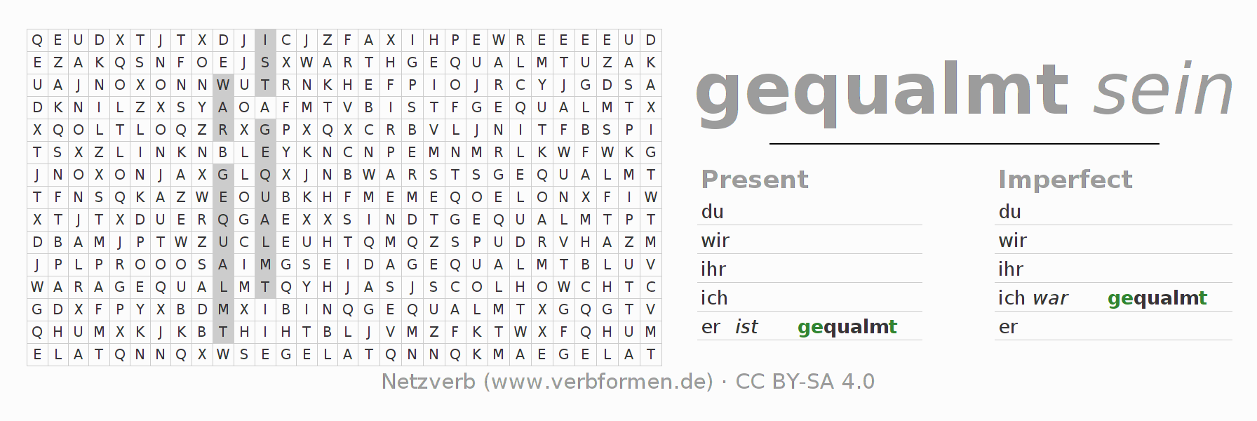 Word search puzzle for conjugation of German verb qualmen