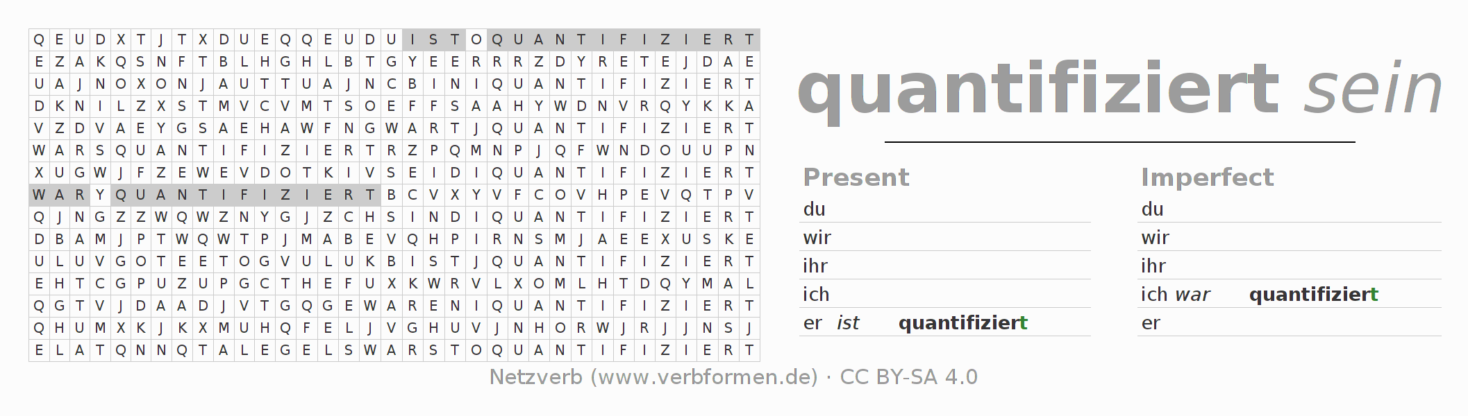 Word search puzzle for conjugation of German verb quantifizieren