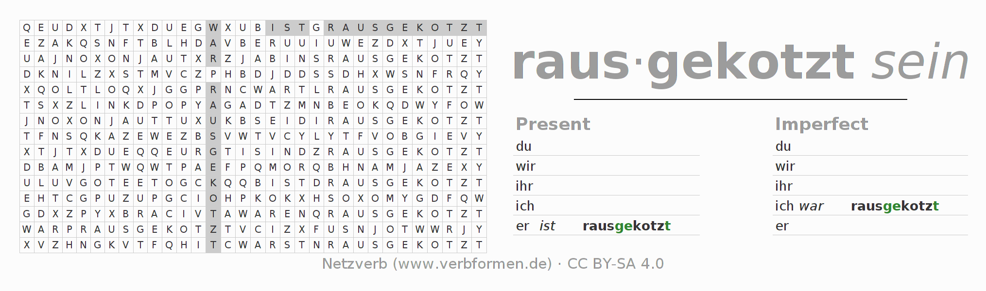 Word search puzzle for conjugation of German verb rauskotzen