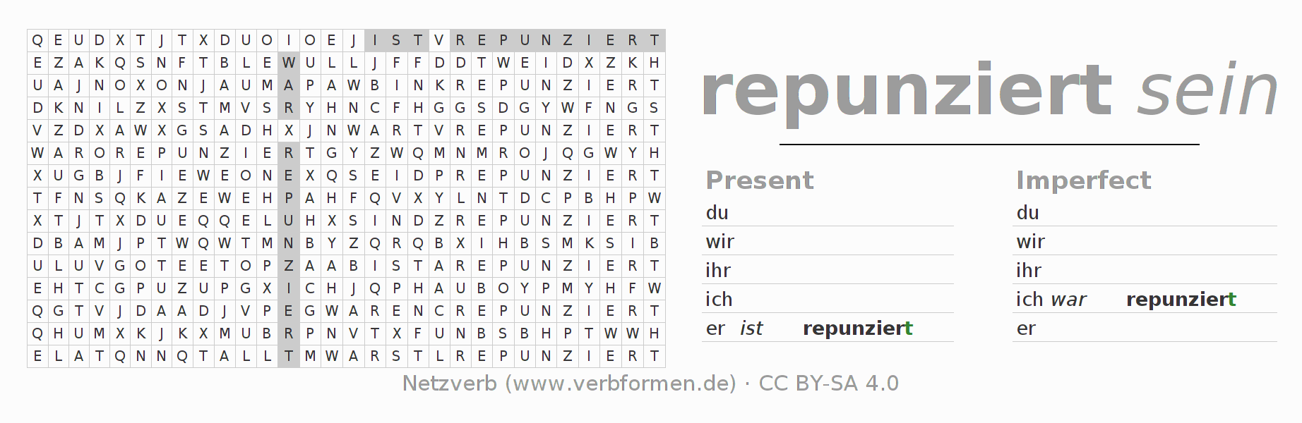 Word search puzzle for conjugation of German verb repunzieren