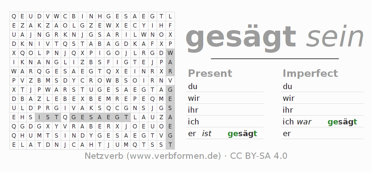Word search puzzle for conjugation of German verb sägen