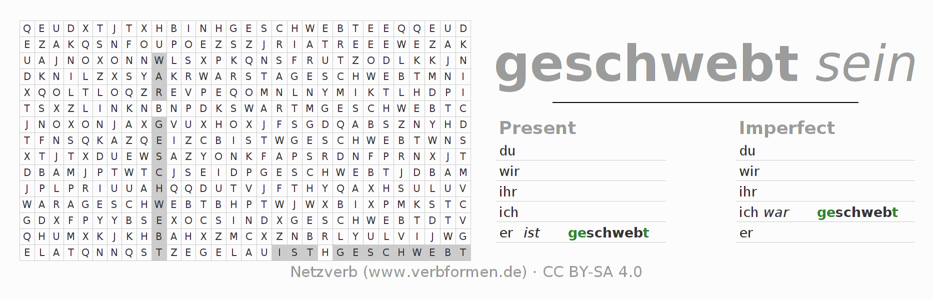 Word search puzzle for conjugation of German verb schweben (hat)
