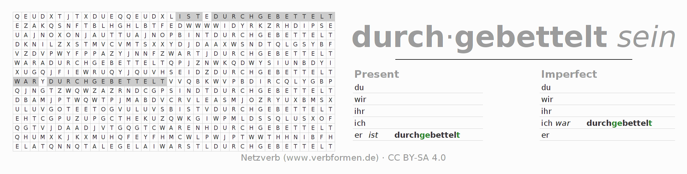 Word search puzzle for conjugation of German verb sich durchbetteln