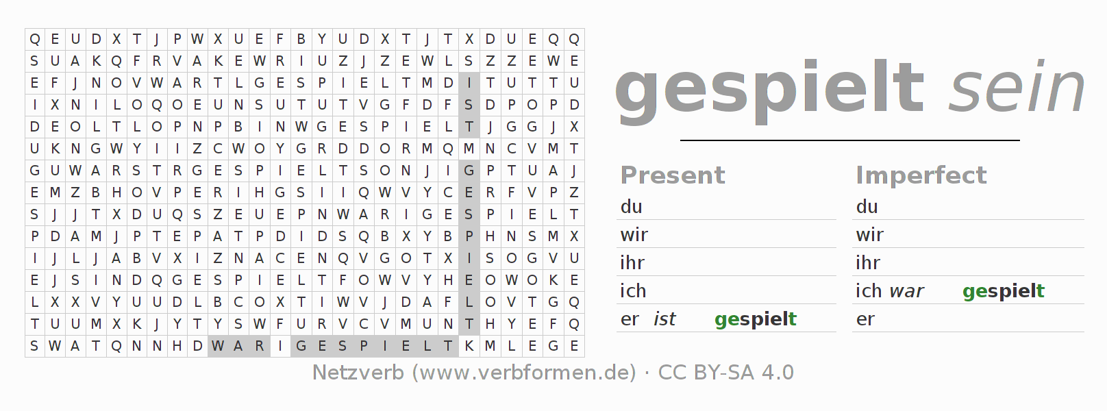 Word search puzzle for conjugation of German verb spielen