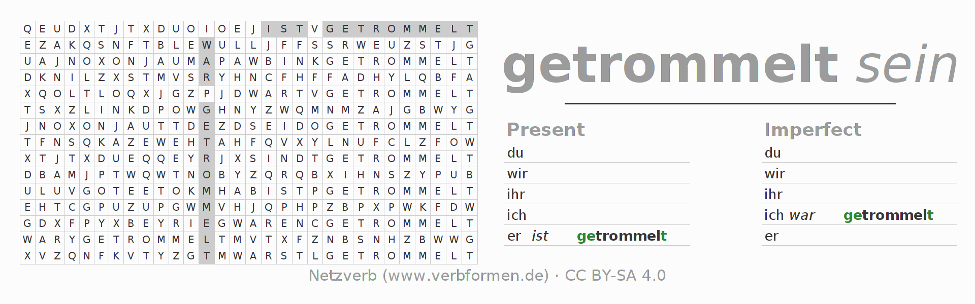Word search puzzle for conjugation of German verb trommeln