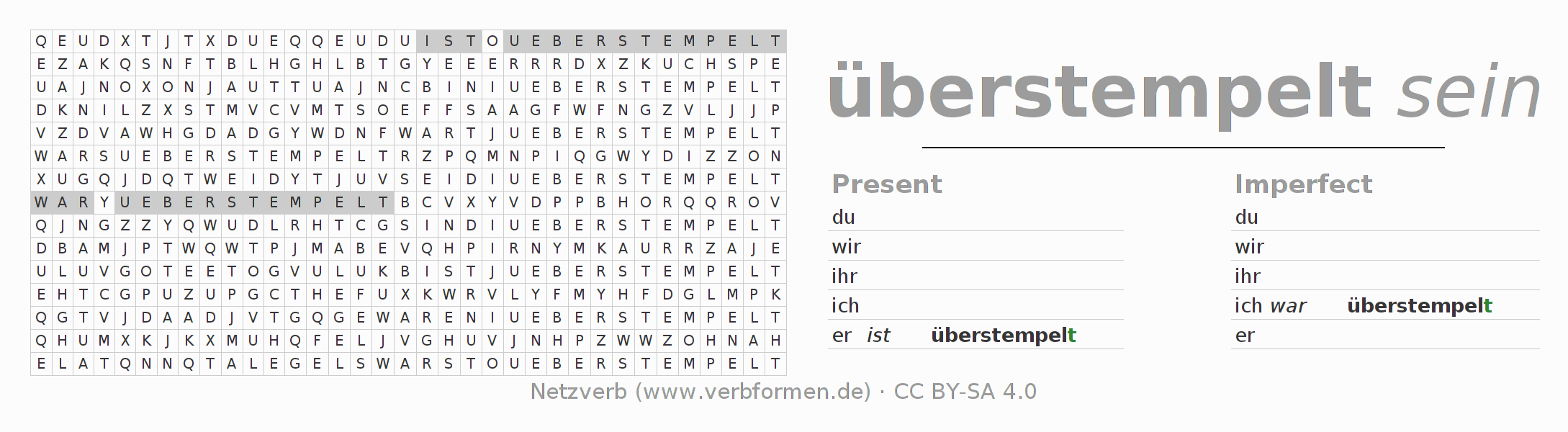 Word search puzzle for conjugation of German verb überstempeln