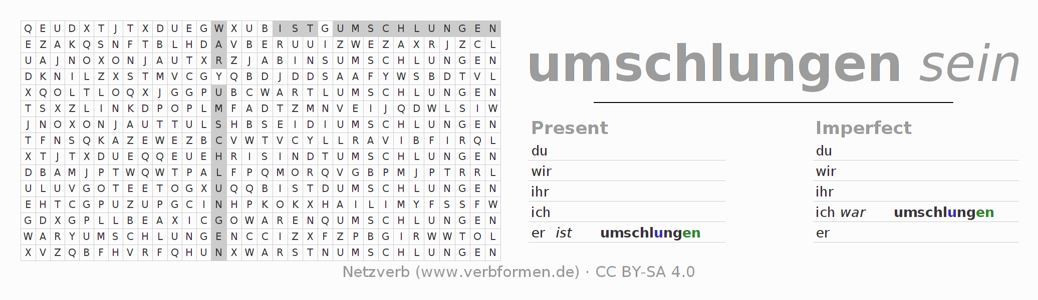 Word search puzzle for conjugation of German verb umschlingen