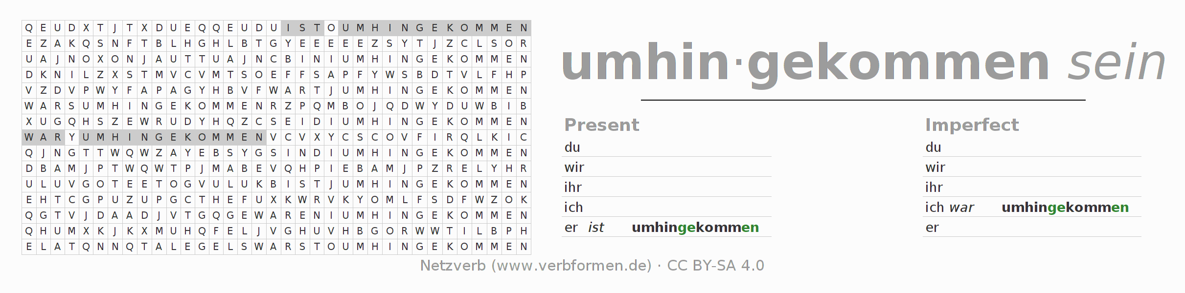 Word search puzzle for conjugation of German verb umhinkommen