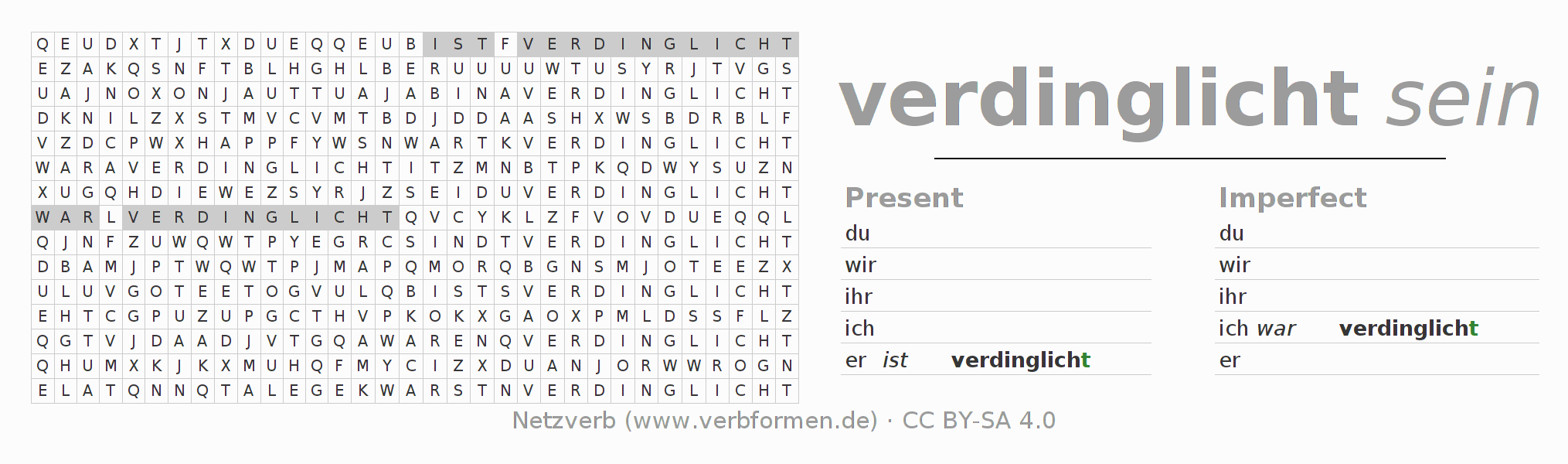 Word search puzzle for conjugation of German verb verdinglichen