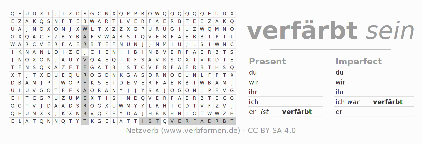 Word search puzzle for conjugation of German verb verfärben