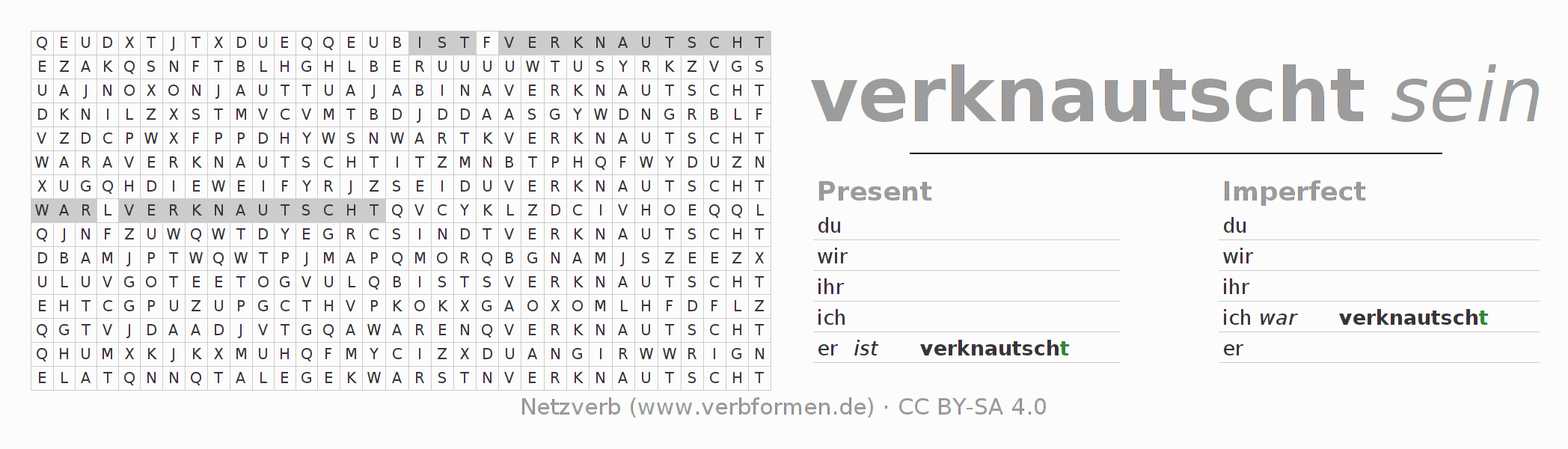Word search puzzle for conjugation of German verb verknautschen (hat)