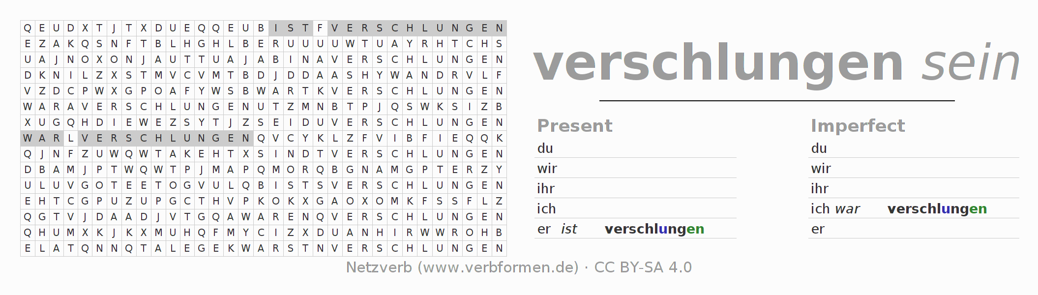 Word search puzzle for conjugation of German verb verschlingen