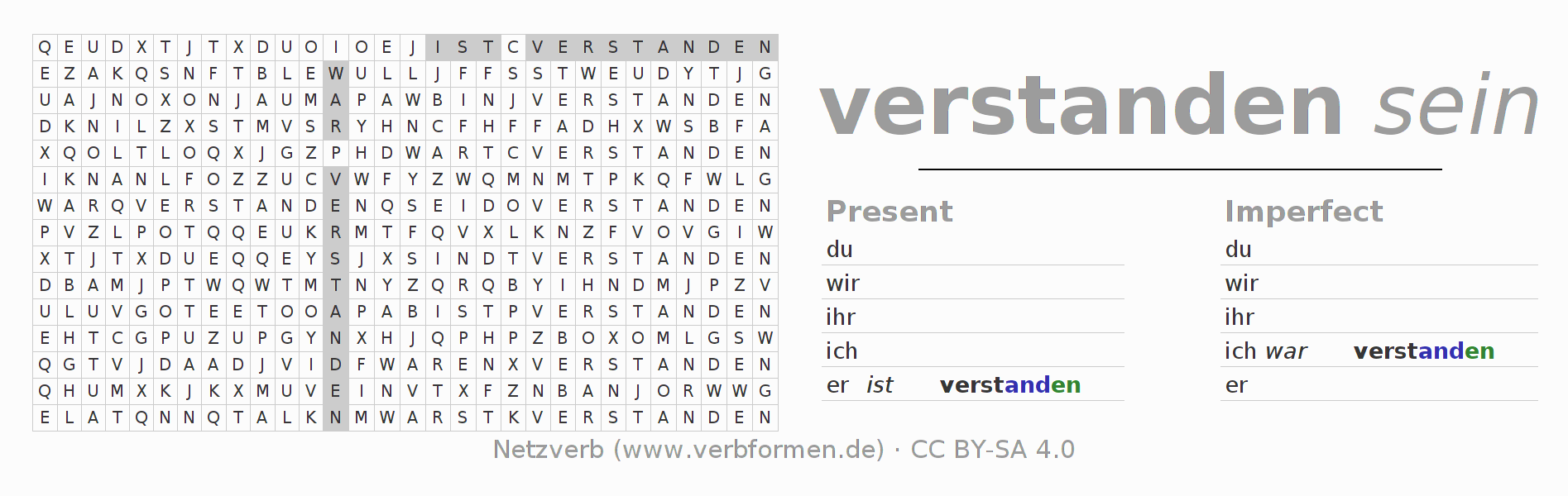 Word search puzzle for conjugation of German verb verstehen