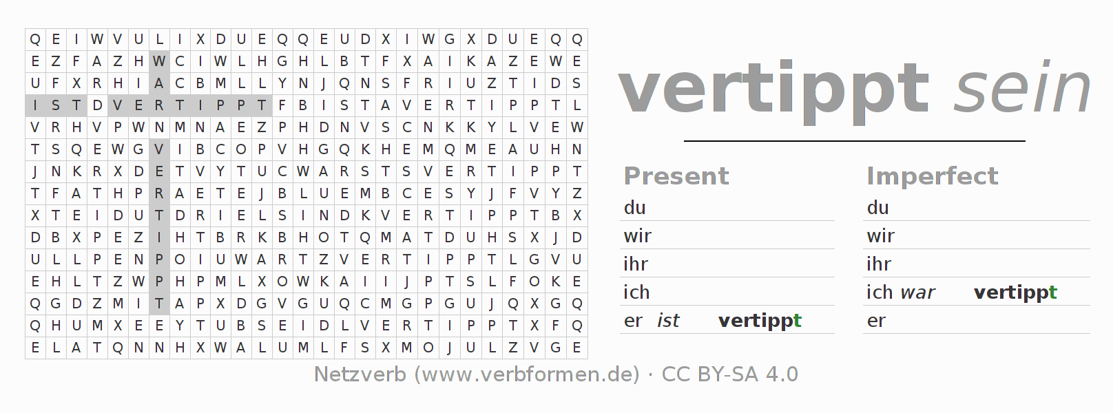 Word search puzzle for conjugation of German verb vertippen