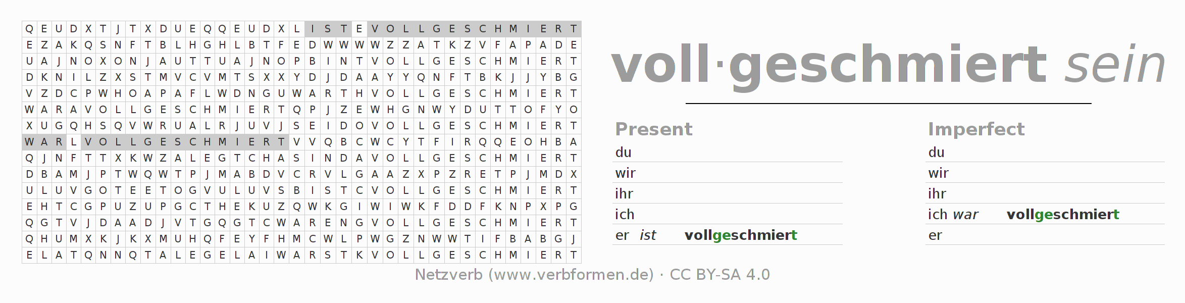 Word search puzzle for conjugation of German verb vollschmieren