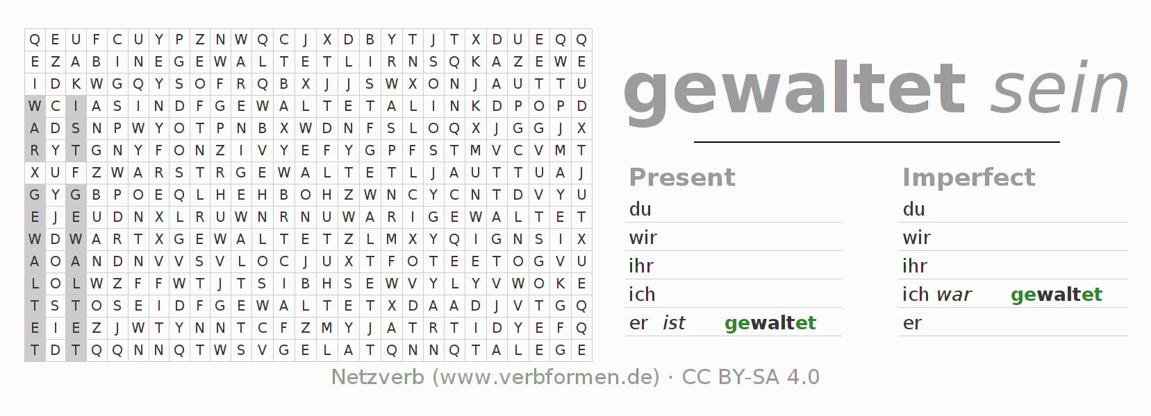 Word search puzzle for conjugation of German verb walten