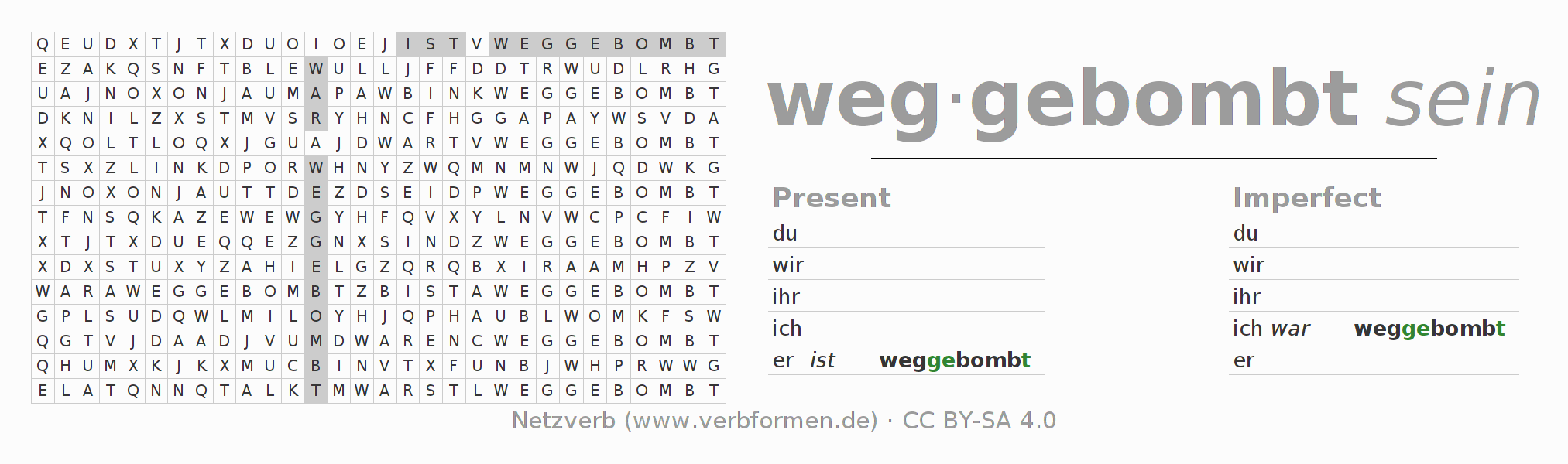 Word search puzzle for conjugation of German verb wegbomben