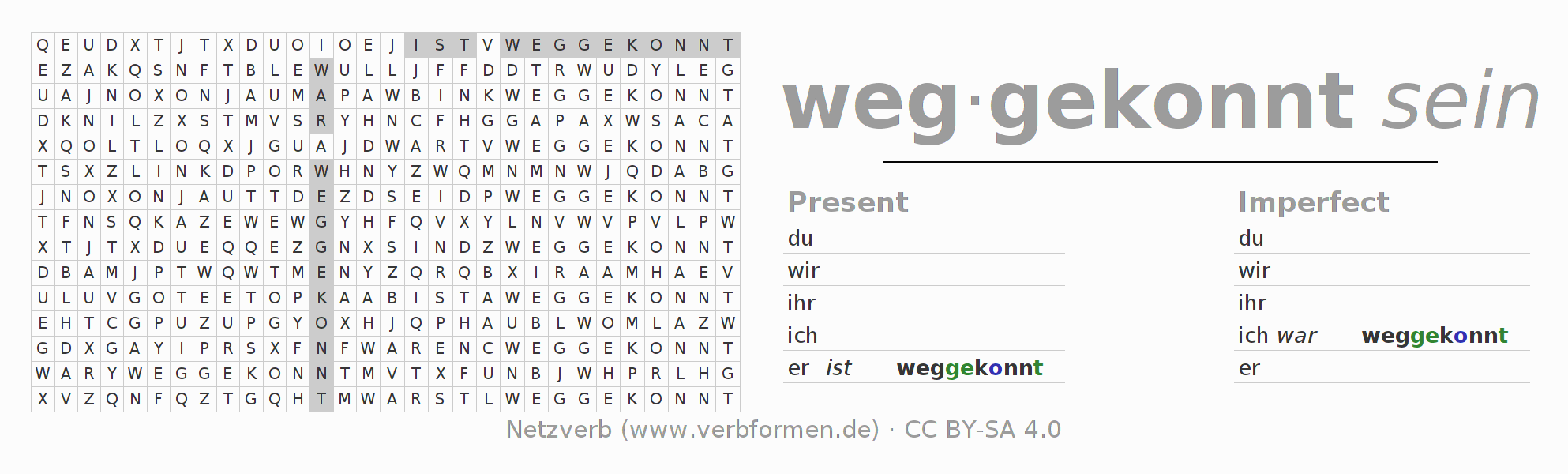 Word search puzzle for conjugation of German verb wegkönnen