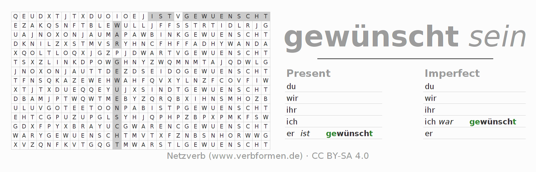 Word search puzzle for conjugation of German verb wünschen