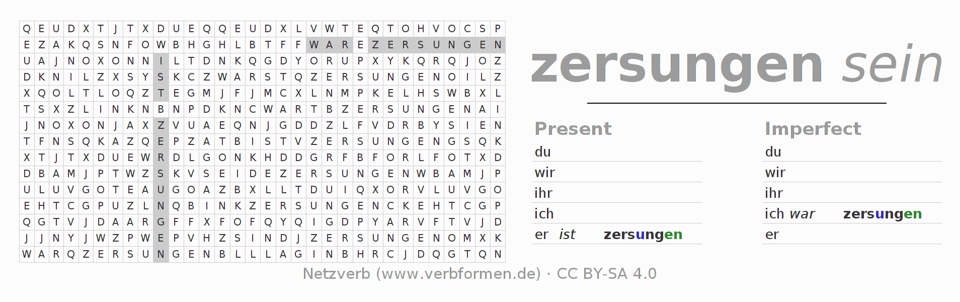 Word search puzzle for conjugation of German verb zersingen