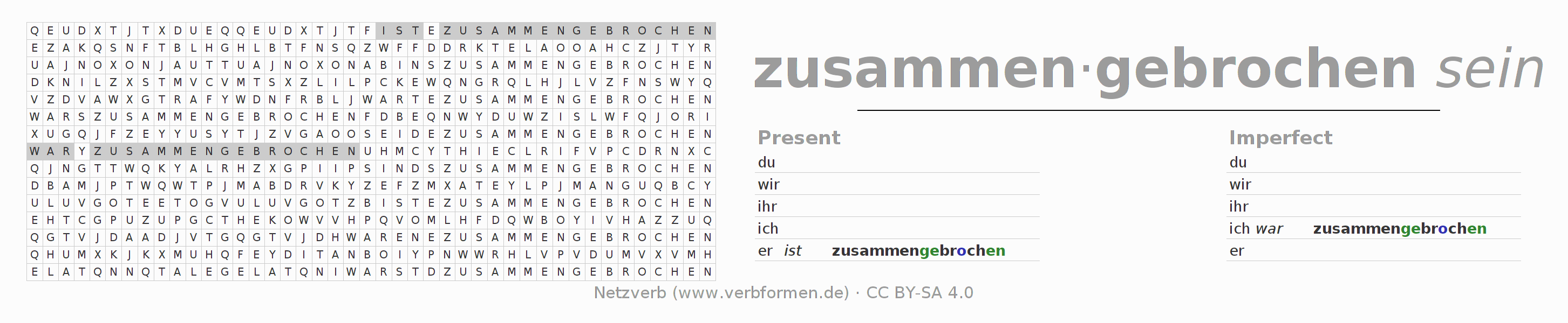 Word search puzzle for conjugation of German verb zusammenbrechen