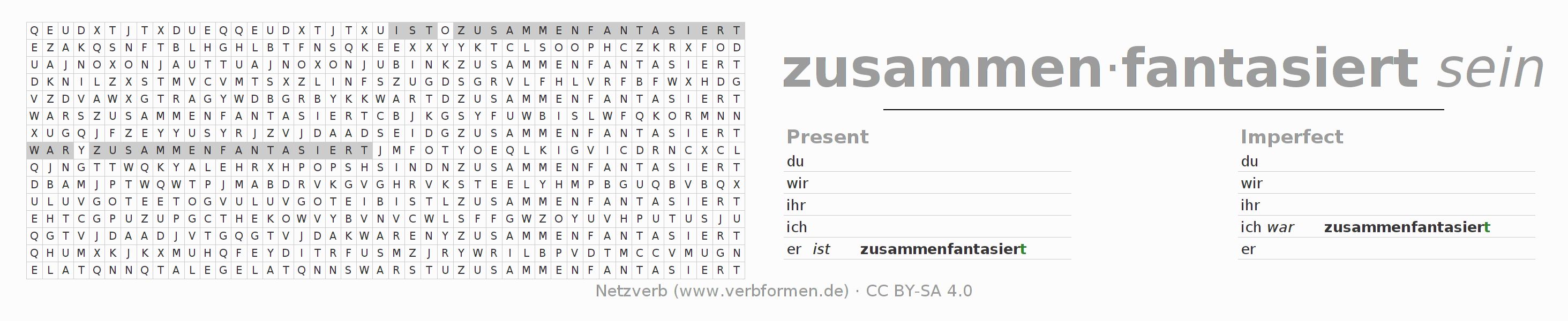 Word search puzzle for conjugation of German verb zusammenfantasieren