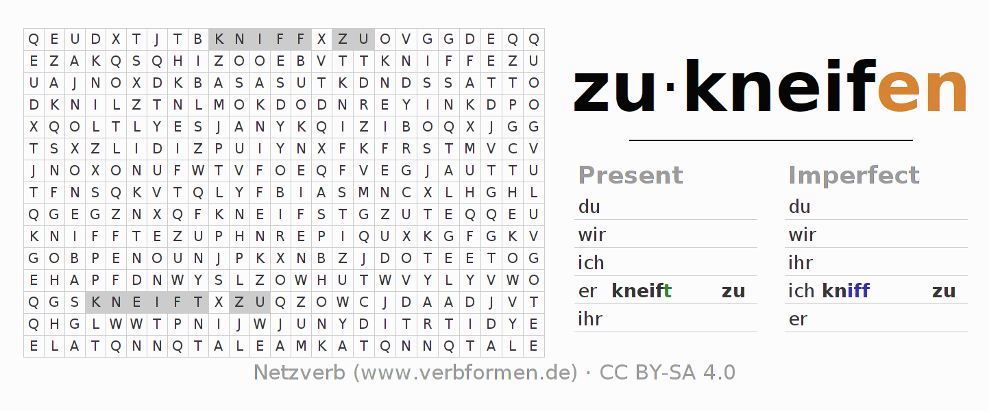 Word search puzzle for conjugation of German verb zukneifen
