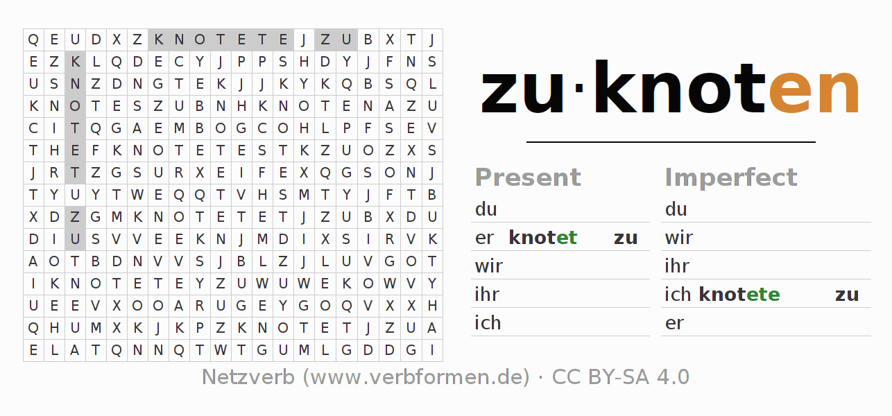 Word search puzzle for conjugation of German verb zuknoten