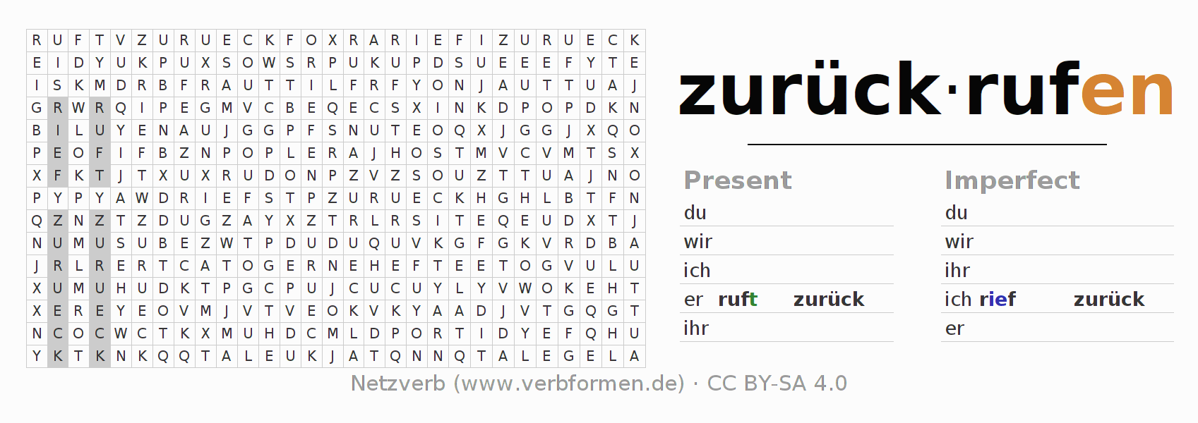 Word search puzzle for conjugation of German verb zurückrufen